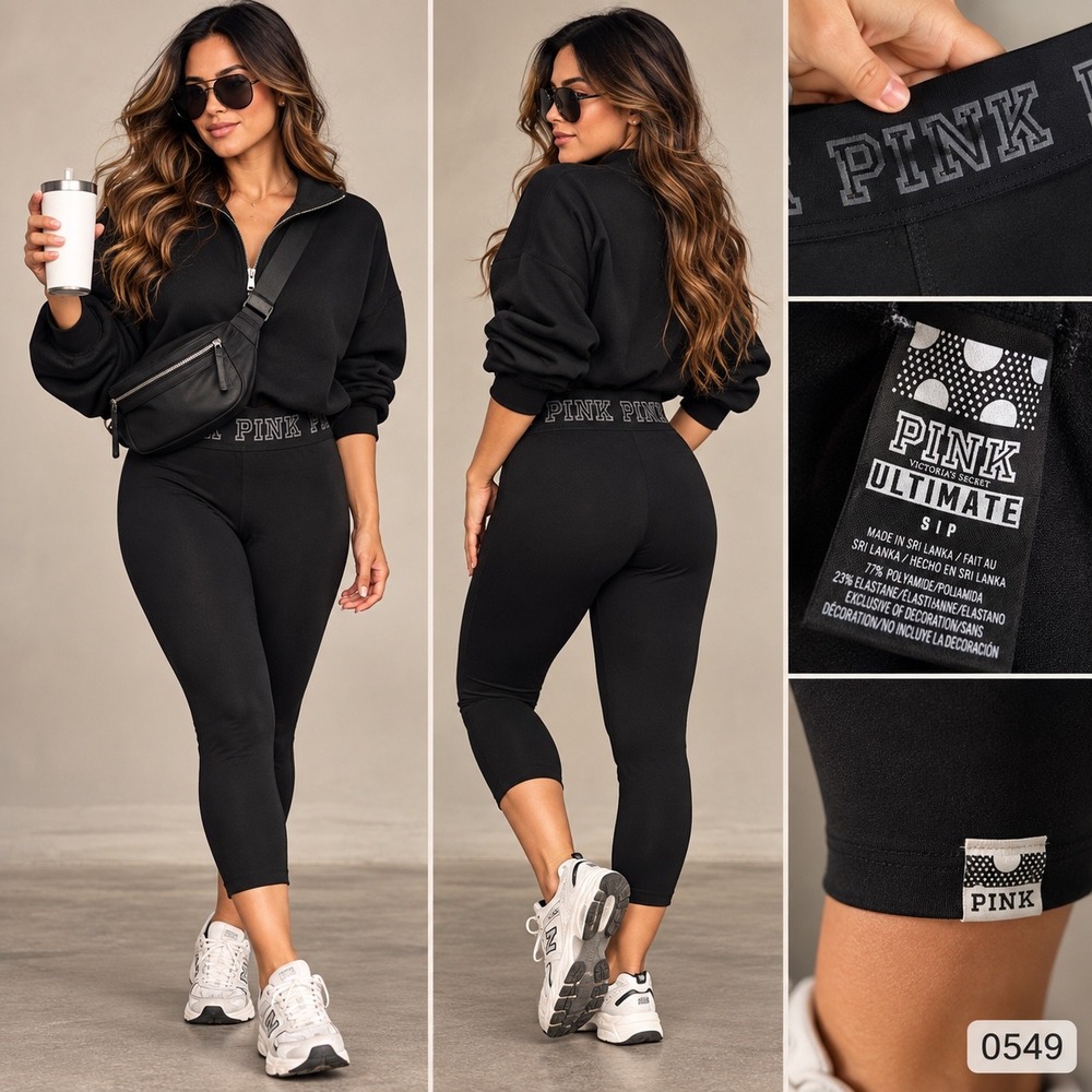 Victoria's Secret PINK Ultimate Black Cropped Leggings Logo Waistband S 0549